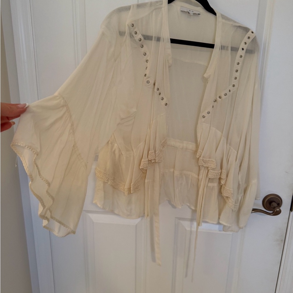 IRO Sheer Cream Tie-Front Boho Tunic with Stud Trim